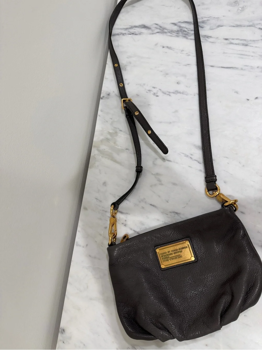 Marc by Marc Jacobs Dark Brown Pebbled Leather Crossbody with Gold Plaque